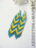 Серьги перышки из бисера бирюзово-желтые