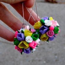 Комплект украшений из полимерной глины - кольцо и серьги шары с цветами